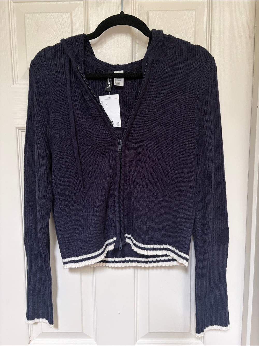Navy Cropped Zip Hoodie Sweater with White Trim